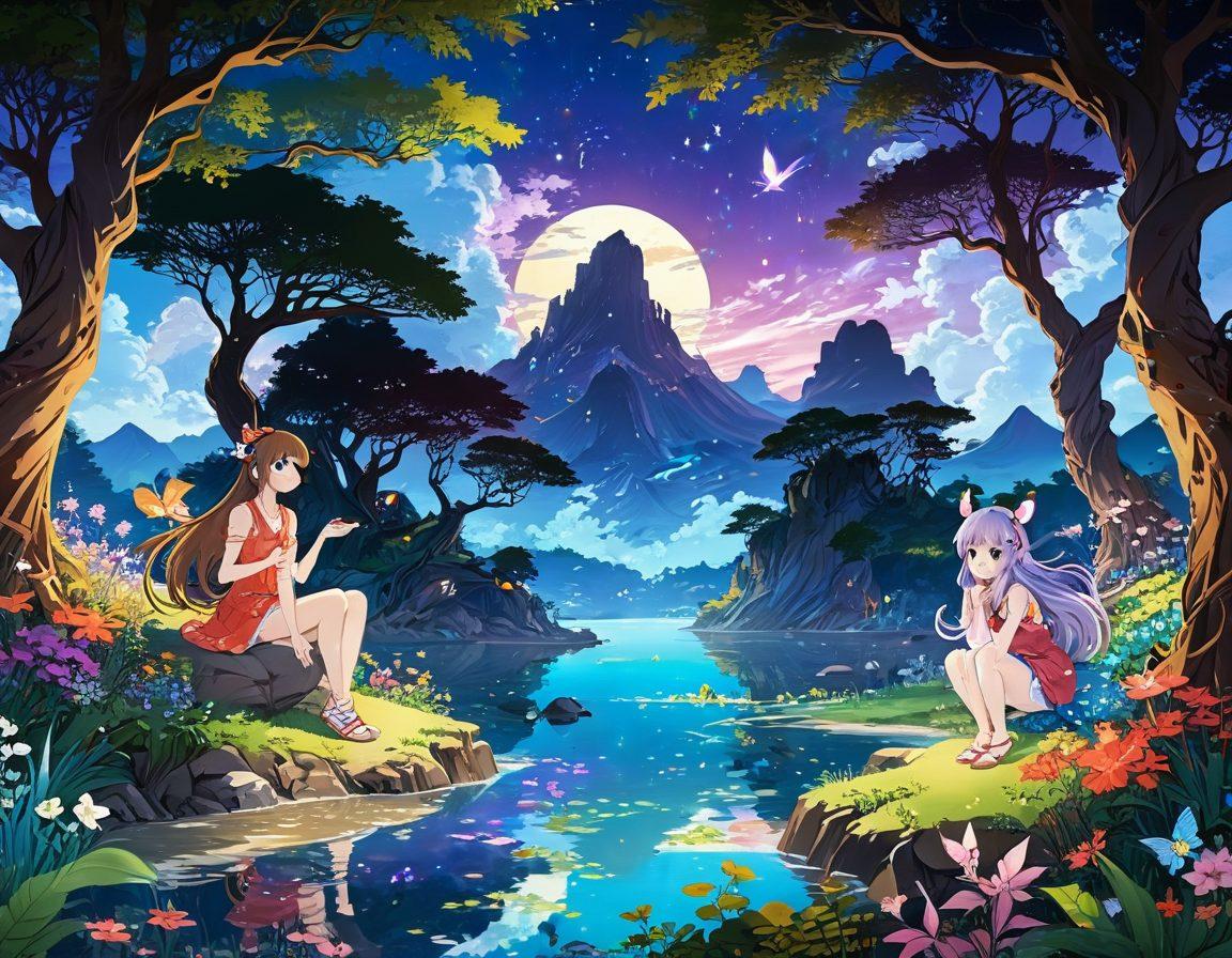 An imaginative landscape combining elements of fantasy and adult animation, featuring whimsical characters and vibrant colors intermingled with surreal scenery. Incorporate anime-style art with exaggerated features and playful poses, showcasing the fusion of fantasy with adult themes while maintaining a dreamlike atmosphere. The background should be colorful and enchanting, filled with fantastical creatures and magical elements. relevant to hentai culture, with a subtle nod to its artistic style. vibrant colors. anime style. surreal landscape.