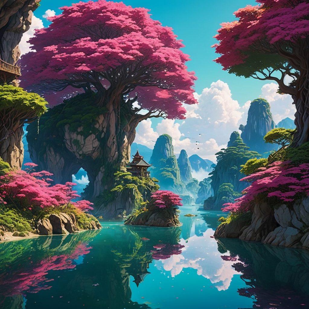 A surreal landscape blending fantasy and reality, featuring vibrant characters from anime-inspired art engaging in imaginative scenarios that represent erotic storytelling. The scene includes ethereal elements like floating islands and whimsical creatures, creating a captivating contrast between fantasy and real-world emotions. Emphasize rich colors and intriguing textures to enhance visual storytelling. super-realistic. vibrant colors. 3D.