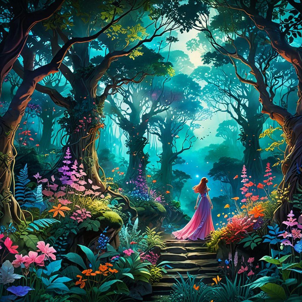 A sensual and artistic depiction of a fantasy landscape filled with vivid colors. The scene showcases ethereal characters exploring a lush, dreamlike forest adorned with vibrant, exotic flowers and glowing lights. Intricate details highlight various whims of desire and fetishes, blending elegance and allure. Soft, flowing forms interweave with the environment, inviting curiosity and imagination. anime style. vibrant colors. dreamy atmosphere.